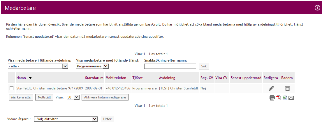 Medarbetare Ikonen kallad Medarbetare innehåller en lista över företagets anställda som antingen har blivit anställda via ett projekt skapat i EasyCruit eller blivit manuellt tillagda eller