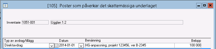 Programmet förslår att vi ska skriva av skattemässigt med 2%, eftersom det var det som stod på inventarien, men man kan ändra detta för att då påverka den uppskjutna skatten, dvs man kan simulera