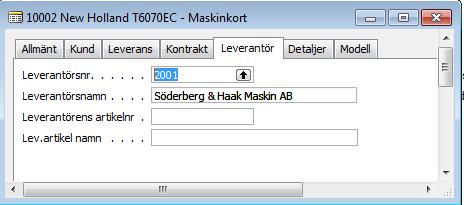 På fliken leverantör ska maskinen vara knuten till leverantör för att garantiärendet skall kopplas samman med rätt leverantör.