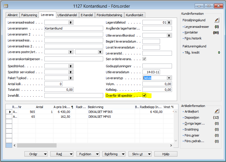 Fältet System I kolumnen system fyller du normalt i Unifaun, men om man i kod matar in PDK, PLAB eller PBREV föreslås automatiskt Pacsoft (eftersom de 3 koderna rör Post Danmark och Posten (Sverige)).