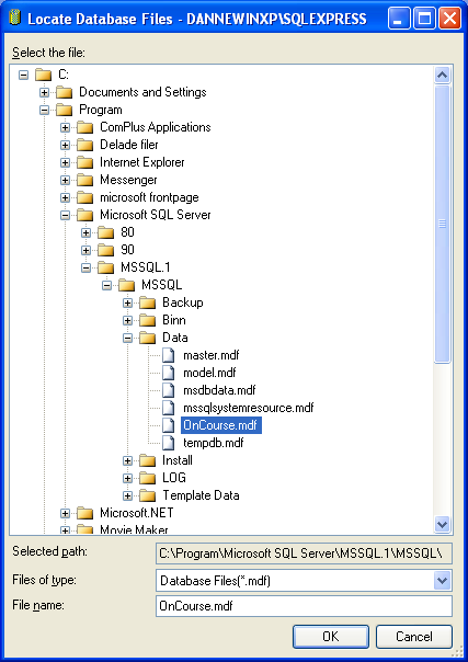 I vänstra delen av skärmen dubbelklickar ni på översta raden. I exemplet heter den raden "DANNEWINXP\SQLEXPRESS", i ert fall ersätts DANNEWINXP av namnet på er dator. Ett träd vecklas ut.