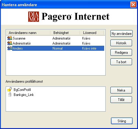 Användare I Pagero Bankgiro Link krävs att man loggar in med ett användarnamn. Lösenord är valfritt beroende på inställningar som sätts av administratör.