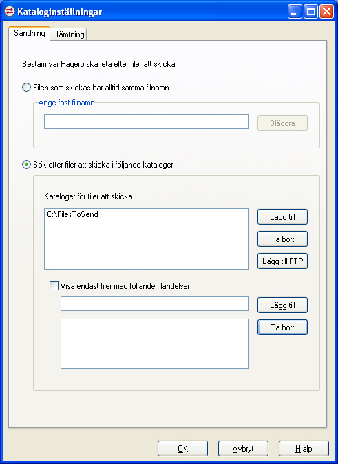 Kataloger I kataloginställningarna kan du välja var Pagero ska leta efter filer att skicka och var hämtade filer ska sparas och vad de ska heta.