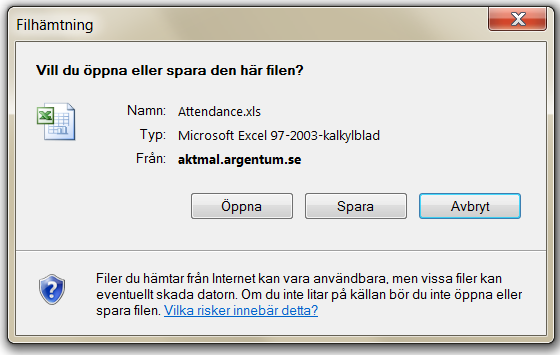 6. Nu visas en dialogruta Filhämtning på skärmen med frågan: Vill du öppna eller spara den här filen?