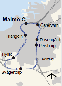 Till vänster: Den planerade Malmöringen med sina åtta stationer. Mitten: Illustration över stationen. Till höger: Planskiss över stationsområdet. 4.7.