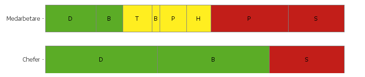 Fördelning av arbetssituationer medarbetare vs chefer Gröna D = Dynamiska B = Balanserade Gula T = Trivsamma B = Bekväma P =