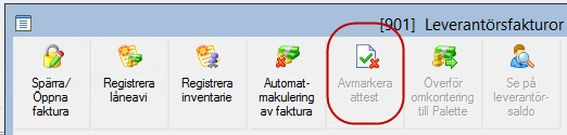 Ändring av felaktig faktura Via ikonen avmarkera attest alt via övriga funktioner (Ctrl+F5) går det att ta bort felaktigt ditsatt bock för attest vid registrering av en leverantörsfaktura.