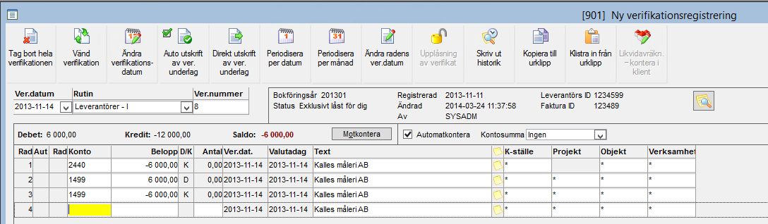 Spara med F2. Om fakturan är preliminärbokad får man en fråga om fakturan skall omkonteras eller inte. Om man svarar JA sker ett hopp till verifikationsregistreringen där fakturan kan omkonteras.