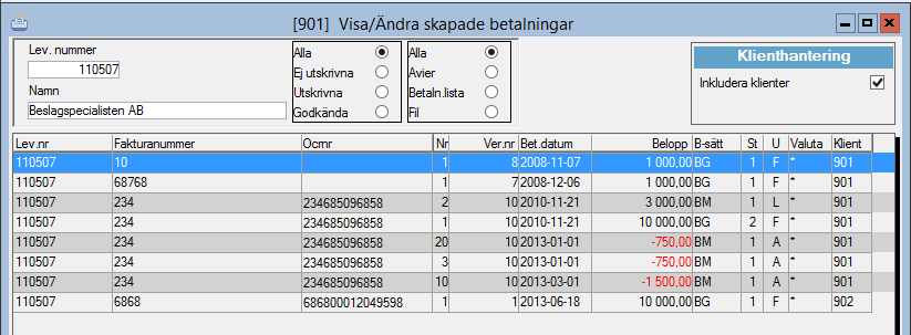 Visa/ändra skapade betalningar Om man vid utskrift av lista skapade betalningar upptäcker att någon betalning är felaktig kan korrigering göras av betalningen innan utskrift till fil sker.