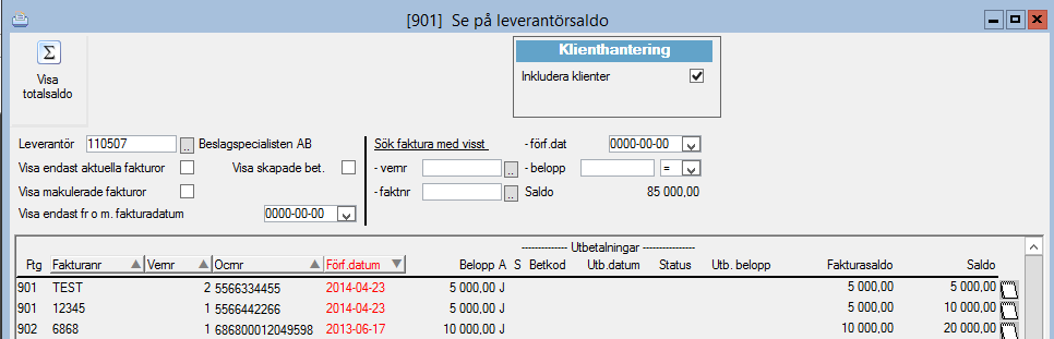 Se på leverantörssaldo Leverantörsreskontra Dagliga rutiner Se på leverantörssaldo Om det finns många fakturor på leverantören kan olika sökurval göras såsom verifikationsnummer, fakturanummer,