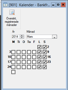 Kalender bankfria dagar Leverantörsreskontra Registervård Kalender Bankfria dagar Kalendern används för att undvika att få förfallodagar på dagar som inte är bankdagar.