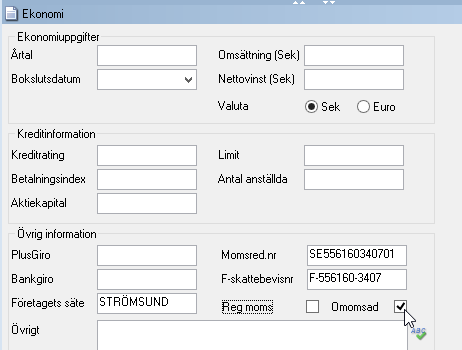 Nyhetsbrev - Vitec Capifast CRM 6.4 FÖRETAG OMOMSADE Nu har du möjlighet att ange om ett företag är momsat eller omomsat. Du anger detta på ekonomifliken.