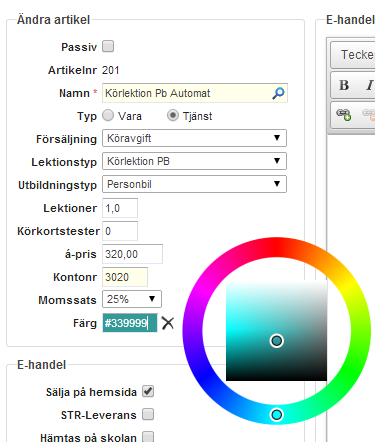 Denna färg syns bara när man bokar in en elev på en tid som har just den artikeln inställd, annars syns färgen som är inställd på tidmallen.