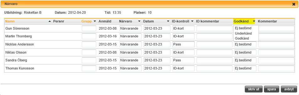 12.6 NÄRVAROKONTROLL PÅ TEORIKURS Alla de kurser som kräver närvaro och/eller godkännande, kan man skriva ut en närvarolista och markera om kunderna varit närvarande.
