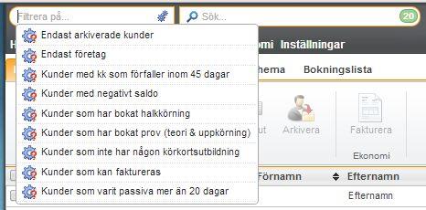 Undertill finns de 20 senaste inskrivna kunderna. Ska man ta fram någon annan kund, söker man uppe till vänster i den högra rutan.