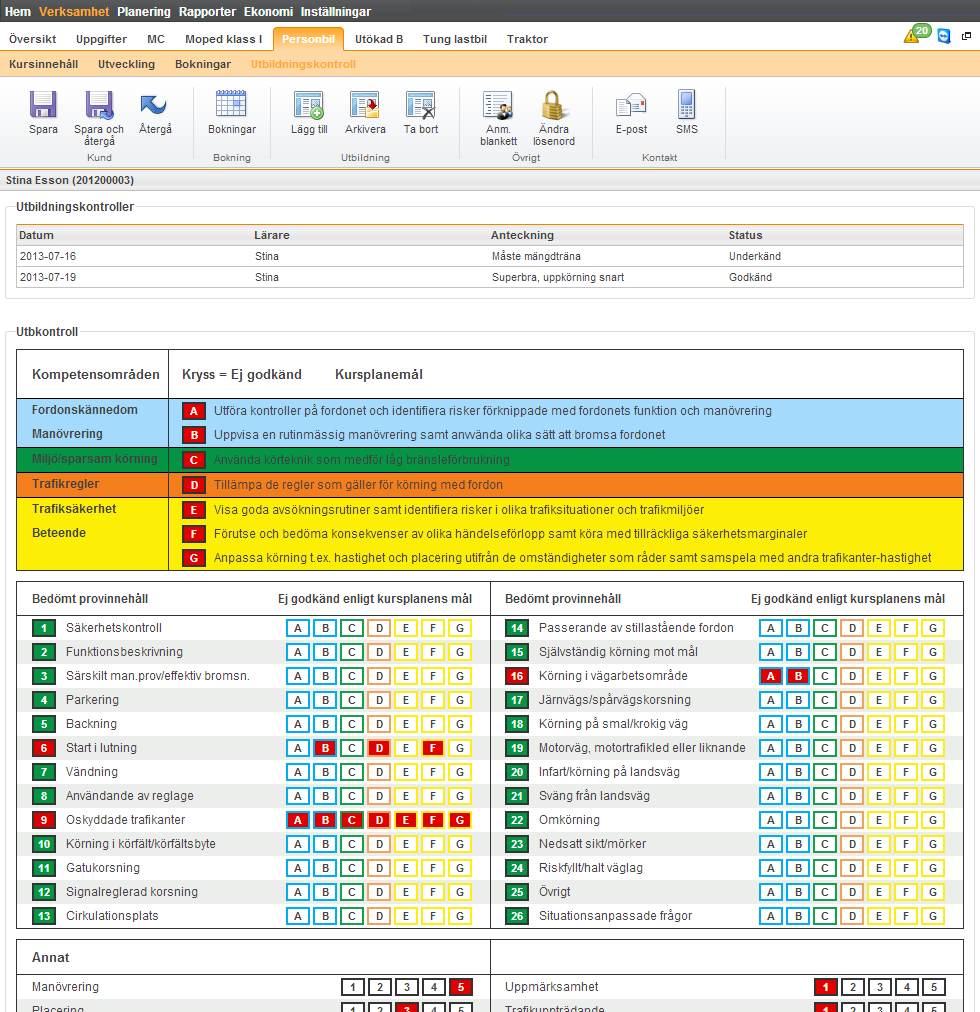 På de bokningar där närvarokontroll och godkännande krävs så kan man under Närvaro se status på eleven och under Deb. så ser man om lektionen är debiterad eller inte. 8.1.7.
