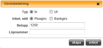 registrerar det dubbelt i bokföringen (både i astra WEB och i redovisningsprogrammet). Ange om det är plusgiro eller bankgiro. Skriv in insatt belopp (inkl. moms). Ange löpnummer på inbetalningen.