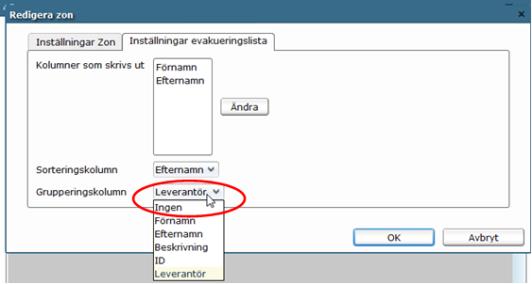 Ordningen, som uppgifterna skrivs ut på evakueringslistan, kan ändras genom att markera ett av de valda alterntiven och flytta det med hjälp av piltangenterna.