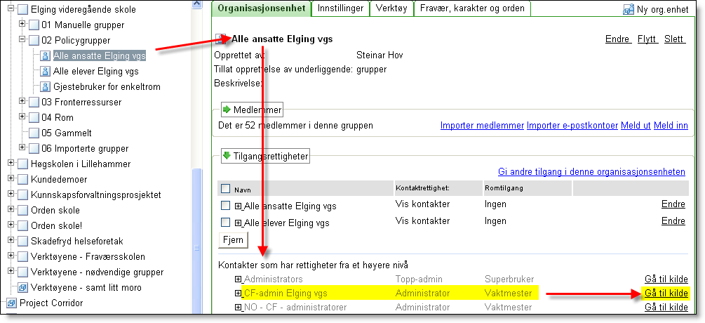 Viktig! En rättighet som sätts på en nivå ärvs nedåt i strukturen till alla underliggande nivåer. I nästa exempel visas org.enheten Booking.