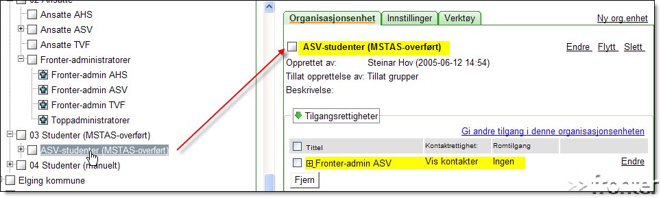 Här ser vi att medlemmarna i Fronter-admin AHS bara ser varandra (Se kontakter), så de kan inte bjuda in flera i den gruppen. Det måste en som har högre behörighet göra, t.ex. rootadministratören.