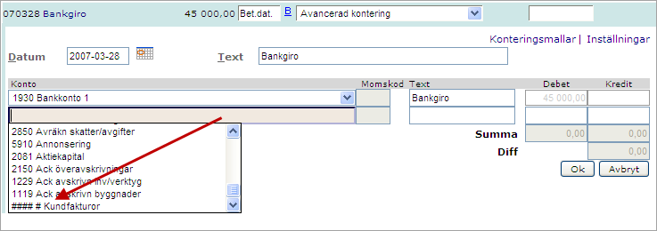 Bokför du enligt faktureringsmetoden (bokför fakturor direkt) klickar du sedan OK längst till höger på raden.