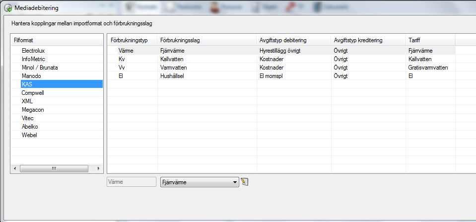 KOPPLING MELLAN FÖRBRUKNINGSSLAG OCH IMPORTFORMAT Under Grunddata/Mediadebitering hanterar man kopplingar mellan förbrukningsslag och importformat.