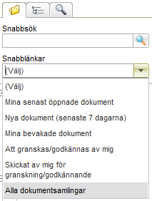 Sök Allt innehåll i dokumentarkivet är sökbart. Som standard visas Snabbsök i den vänstra rutan. För att göra en sökning, ange sökord eller en fras och klicka på sökknappen.