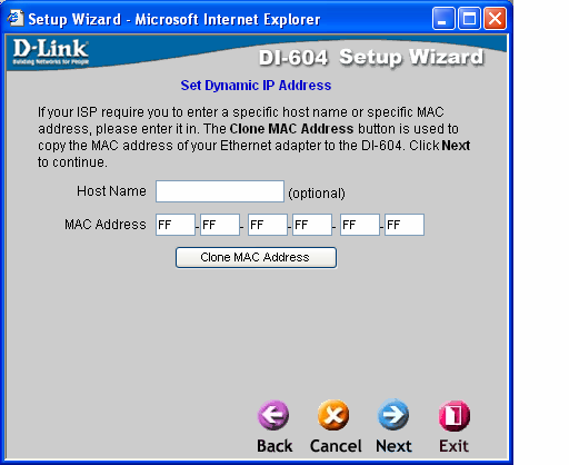 Om du har valt Dynamic IP Address (dynamisk IP-adress), kommer denna skärmbild visas: knappen Clone MAC Address (kopiera MAC-adress) för att automatiskt