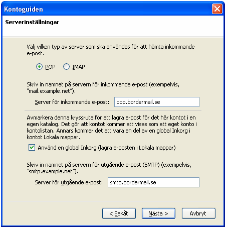 Bordermail E-postkonto med Thunderbird Fyll i ditt namn och din e-postadress, klicka på nästa Om "IMAP" är valt, skriv in imap.bordermail.