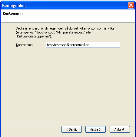 Bordermail E-postkonto med Thunderbird Skriv in ditt Bordermail-användarnamn i båda fälten, klicka på nästa Skriv in din e-postadress och klicka "Nästa" Kontrollera att alla uppgifter