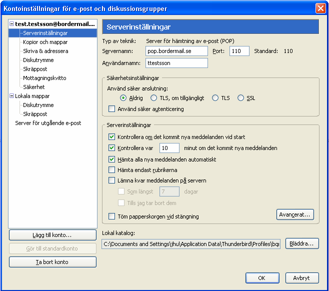 Bordermail E-postkonto med Thunderbird Gå till Thunderbird, välj menyn Verktyg" och alternativet Kontoinställningar -> Kontrollera att dina server inställningar ser ut som bilden till höger.