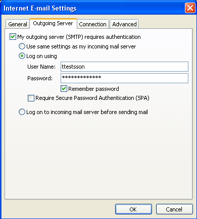 Bordermail e-postkonto med Outlook 2007 Bocka i Den utgående servern (SMTP) kräver autentisering Bocka i Använd samma inställningar som på servern för inkommande e-post