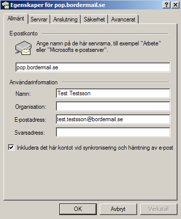 Bordermail E-postkonto med Outlook Express <Förenamn> <Efternamn> 1. Kontrollera om du har skrivit rätt information under varje flik. 2.