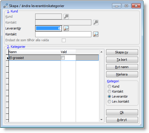 Skapa/ändra leverantörskategrier I denna rutin kan kategrier för leverantörer ch leverantörskntakter administreras.