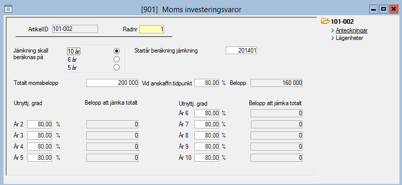 Moms investeringsvaror När anläggningstillgången anskaffas registreras grunduppgifter om hur lång tid jämkningen ska gälla.