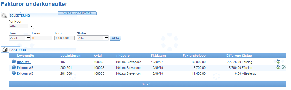 - Välj fliken AVTALSRADER. - Ange underkonsult i Medarbetare. - Ange vilket Kund/Projekt som omfattas av avtalet. - Arbetstyp, Volym timmar och Á-pris kan anges.