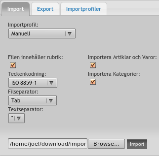 6.13. IMPORT - EXPORT 30 juni 2015 För att importera 1. Välj importprofil, ställ in lämpliga värden som passar din importfil, bläddra fram till din importfil och klicka på import.