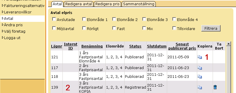 4.5 Kopiera ett avtal 1. Gå till menyvalet Avtal i vänstermenyn. Under fliken Avtal visas en sammanställning över de avtal som finns upplagda i systemet.