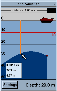 Den övre delen av fönstret illustrerar grafiskt längden på det egna fartyget. Den visar inte båtlängd, utan hur långt bakåt man vill se.