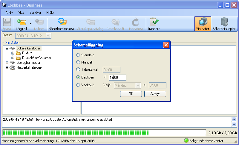 7. Schemaläggning 7. Att välja intervall på säkerhetskopiering För att komma åt schemaläggning så väljer du menyn verktyg->schemaläggning i Lockbee.