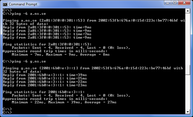 I windows Vista heter dock kommandot bara ping inte ping6! Med -6 tvingas kommandot att bara använda IPv6. ping -6 a.ns.