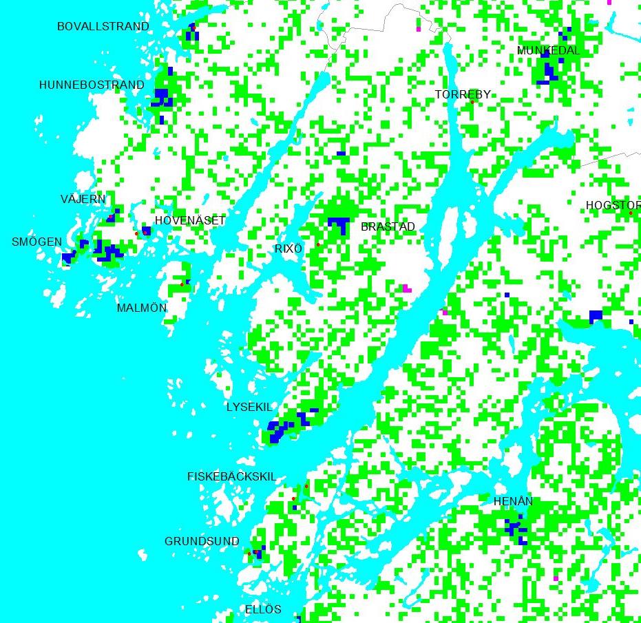 Post & Telestyrelsens Bredbandskartläggning 2011, hastighet PTS statistik är markerad inom 250 m rutor, d.v.s. bredbandshastighet i en ruta anges där det bor någon.