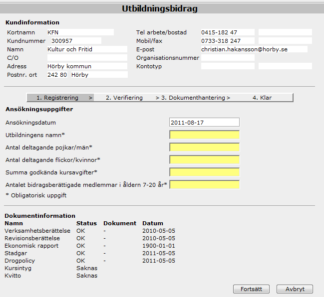 Exempel Om du exempelvis väljer att ansöka om Utbildningsbidrag trycker du på Ansökan och du får då följande bild. Föreningens kundinformation synd direkt på ansökan.