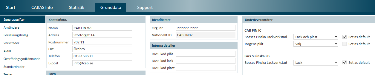 Möjlighet att sätta default underleverantör Under Grunddata Egna uppgifter går det nu att sätta vilka underleverantörer som ska vara default inställda för respektive försäkringsbolag.