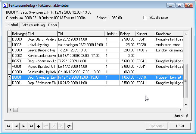 Fakturaunderlag Till varje aktivitet som skall faktureras måste minst ett fakturaunderlag registreras. På fakturaunderlaget registreras förutom fakturarader också kunduppgifter.