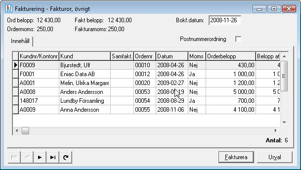 Fakturering Fakturan skrivs ut i delprogrammet Order/Fakturering. När användaren startar programmet visas samtliga order som är klara att fakturera inom användarens ordinarie faktureringsgrupp.