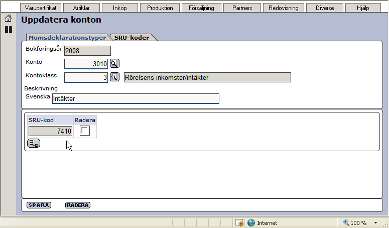 SRU-kod anges per konto i fliken SRU-koder. Vilka koder som kan anges beror på vilken kontoplan ni använder se www.sie.se för mer information.