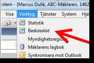 Start från Mäklarsystem Beslutsstöd startas från meyn Verktyg och Beslutsstöd.