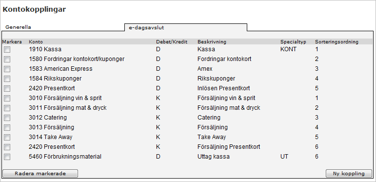 Kontokopplingar behöver skapas för alla de konton som ska kunna användas i e-dagsavslutet.