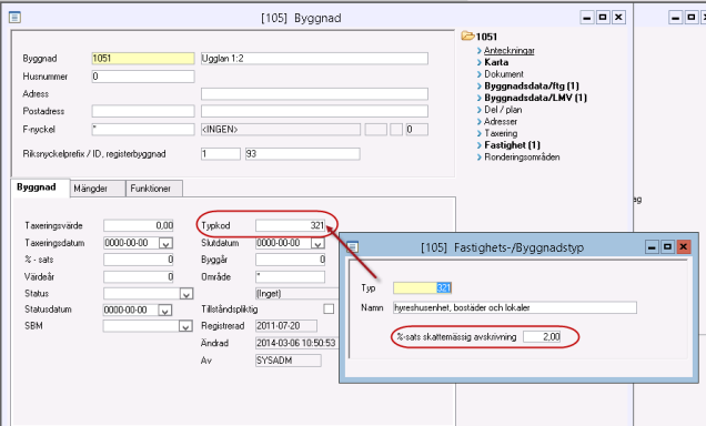 Om typkod är angiven på byggnad och typkoden har kompletterats med %-sats enligt skatteverkets rekommendationer kommer denna procentsats att förslås här då inventarien kopplas till en byggnad.